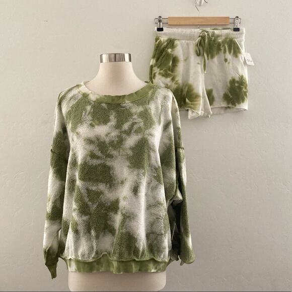 Free People Kelly Washed Tie Dye Set Sweatshirt Shorts Army Green Women's XS NWT - Picture 2 of 14